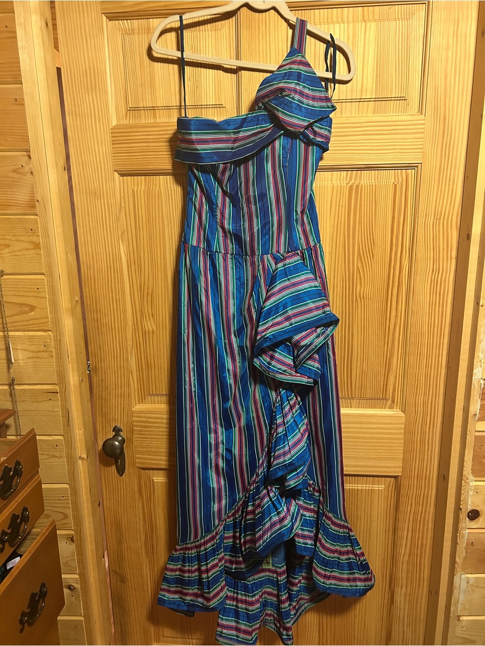 Vintage Victor Costa One-Shoulder Striped Ruffle Maxi Dress | 1980s